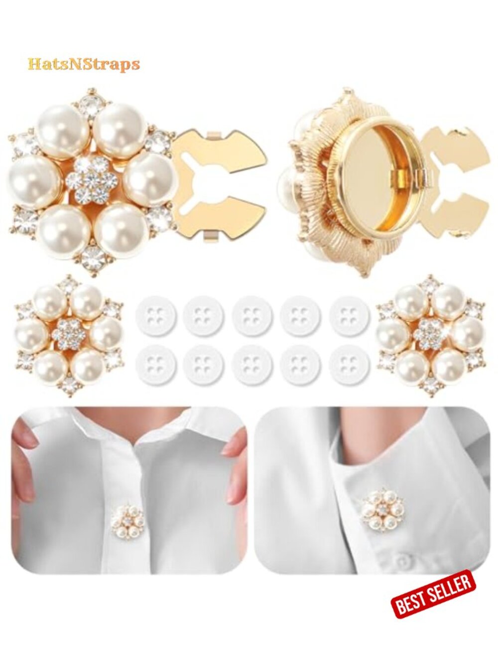Clip On Rhinestone Pearl Button Covers - Brass Set of 6 with Sewing Buttons for